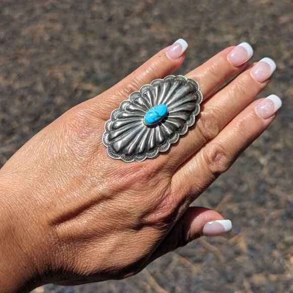 Navajo Concho Ring Kingman Turquoise Sterling Silver Native Am Jewelry sz 7.25US - Picture 1 of 10
